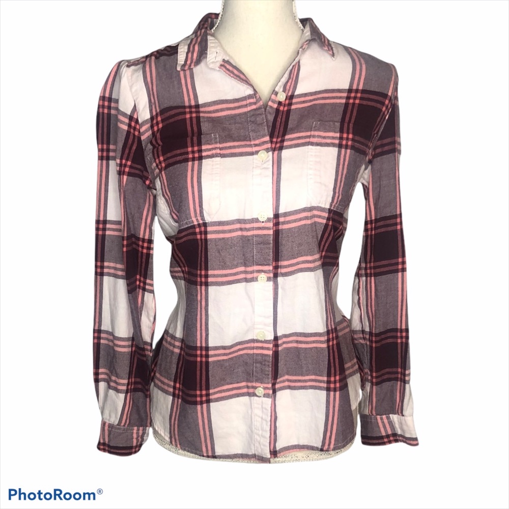 Old Navy Plaid Flannel Pink Purple Cream Button Up